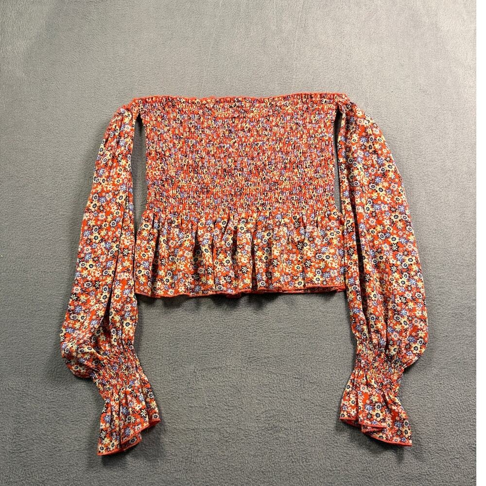 Hyfve Red Multi Color Ditsy Floral Smocked Off Shoulder Bell Sleeve Crop Top M
